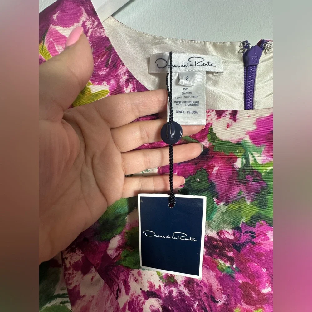 Oscar de la Renta Silk Floral Party Poplin Fit & Flare  Cocktail Midi Dress Sz 8 - Picture 8 of 16